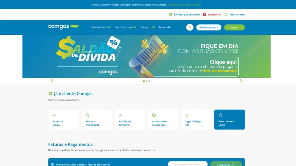 Comgás Virtual home page with the customer services and bills area