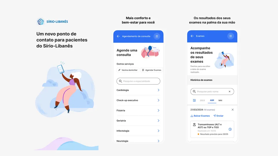 Three screens of the Paciente Sírio-Libanês app: welcome, appointment scheduling and exam results